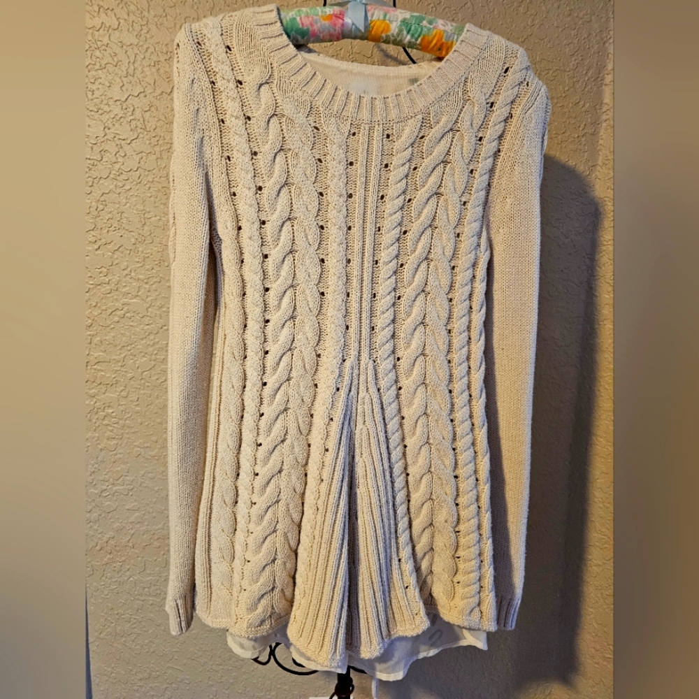 cABI Cream Cable Knit Split Back Flare Lace-Up Sweater Size S